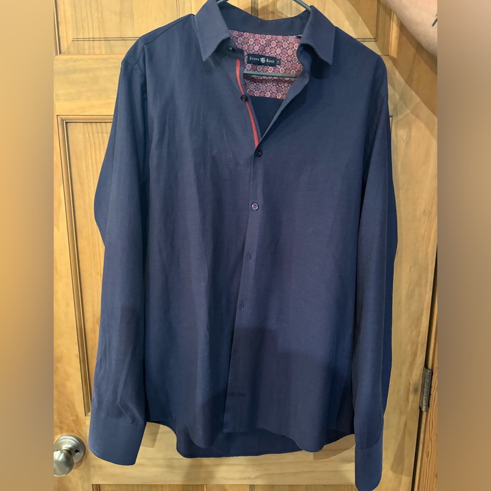 Navy Blue- button up collared dress shirt.